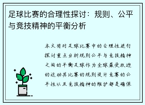 足球比赛的合理性探讨：规则、公平与竞技精神的平衡分析