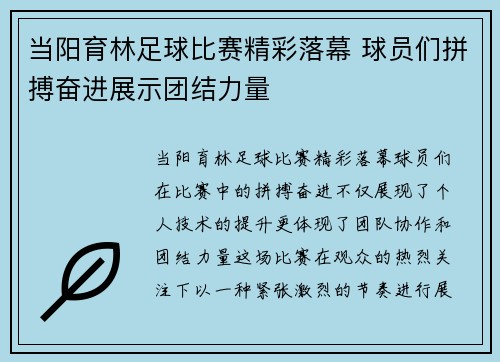 当阳育林足球比赛精彩落幕 球员们拼搏奋进展示团结力量