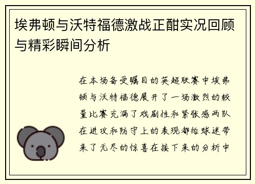 埃弗顿与沃特福德激战正酣实况回顾与精彩瞬间分析