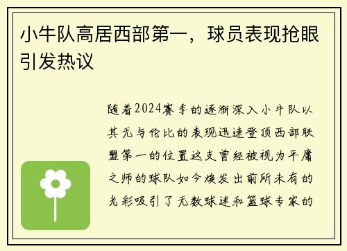 小牛队高居西部第一，球员表现抢眼引发热议