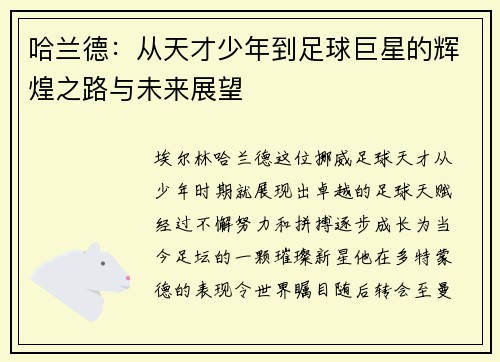 哈兰德：从天才少年到足球巨星的辉煌之路与未来展望