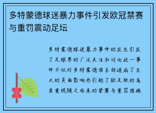 多特蒙德球迷暴力事件引发欧冠禁赛与重罚震动足坛
