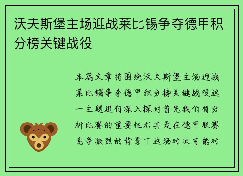 沃夫斯堡主场迎战莱比锡争夺德甲积分榜关键战役