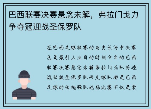 巴西联赛决赛悬念未解，弗拉门戈力争夺冠迎战圣保罗队