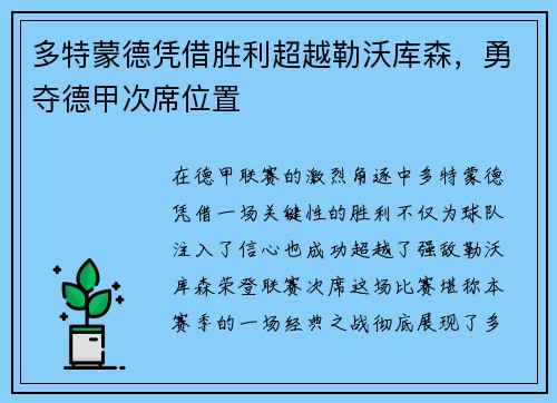 多特蒙德凭借胜利超越勒沃库森，勇夺德甲次席位置
