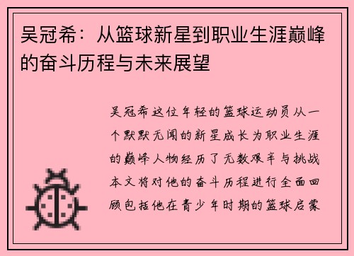 吴冠希：从篮球新星到职业生涯巅峰的奋斗历程与未来展望