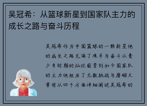 吴冠希：从篮球新星到国家队主力的成长之路与奋斗历程