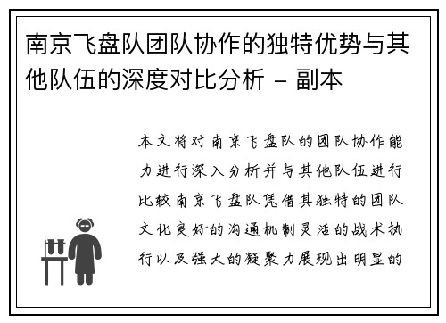 南京飞盘队团队协作的独特优势与其他队伍的深度对比分析 - 副本