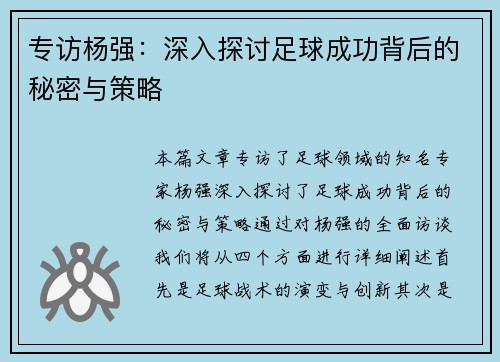 专访杨强：深入探讨足球成功背后的秘密与策略